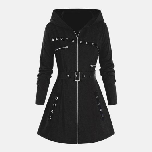 Women’s Hooded Coat – Tailored Regular Fit – Belted Waist – A-Line Flare – Silver Zips