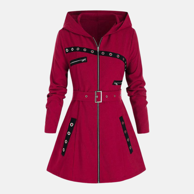 Women’s Hooded Coat – Tailored Regular Fit – Belted Waist – A-Line Flare – Silver Zips
