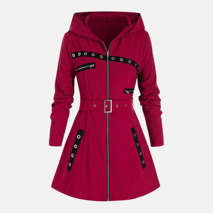 Women’s Hooded Coat – Tailored Regular Fit – Belted Waist – A-Line Flare – Silver Zips