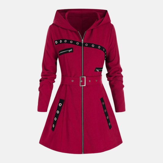 Women’s Hooded Coat – Tailored Regular Fit – Belted Waist – A-Line Flare – Silver Zips