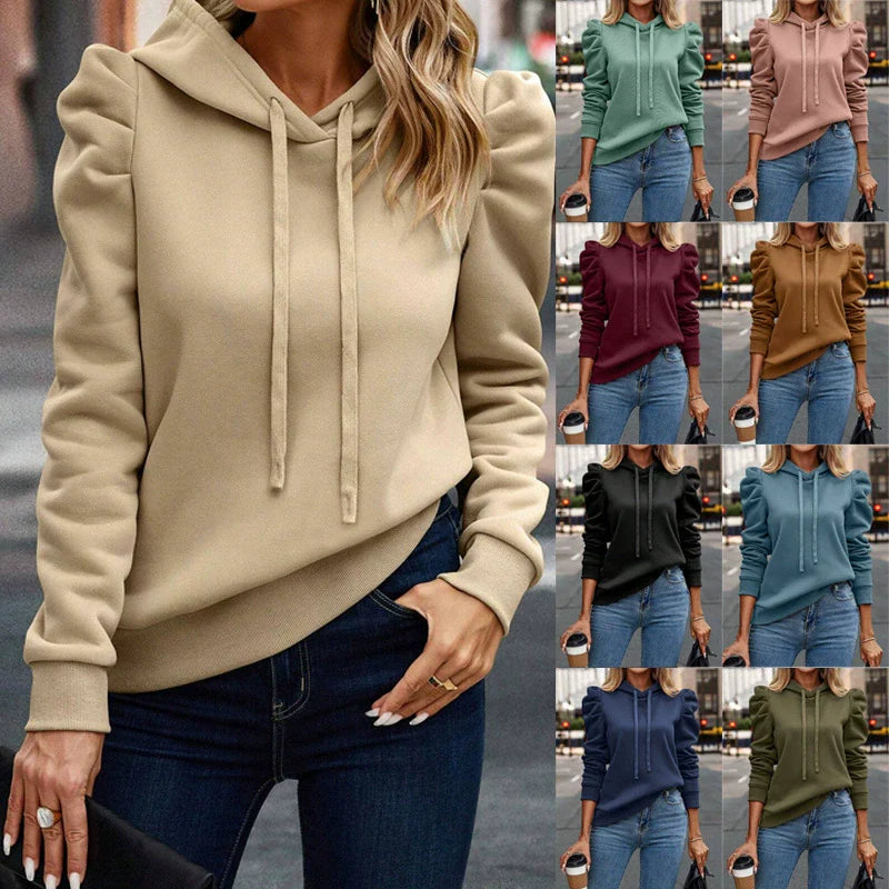 Women’s Hooded Top – Relaxed Fit – Puff Sleeves – Ribbed Hem – Drawstring Hood