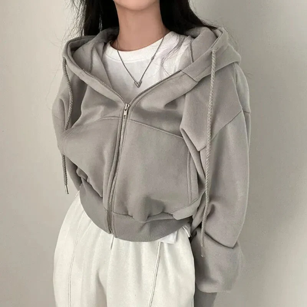 Women’s Hoodie – Cropped Oversized Fit – Cotton Blend – Zip Front – Casual Style