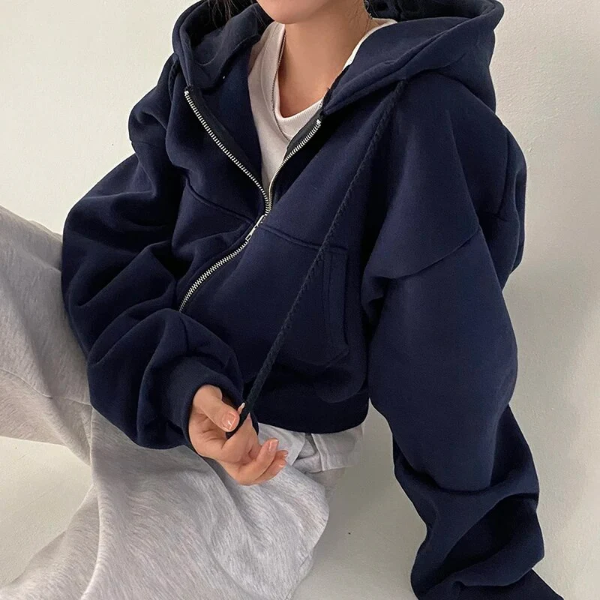 Women’s Hoodie – Cropped Oversized Fit – Cotton Blend – Zip Front – Casual Style