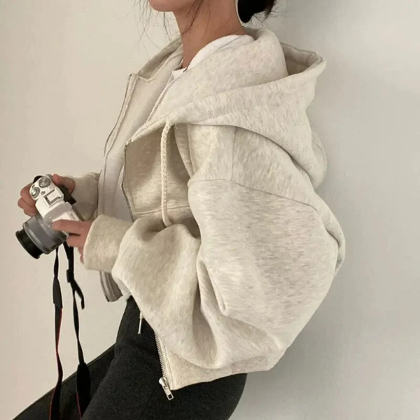 Women’s Hoodie – Cropped Oversized Fit – Cotton Blend – Zip Front – Casual Style