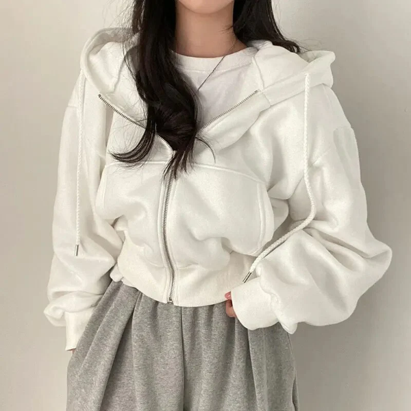 Women’s Hoodie – Cropped Oversized Fit – Cotton Blend – Zip Front – Casual Style