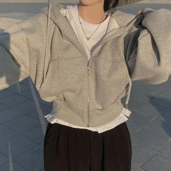 Women’s Hoodie – Cropped Oversized Fit – Cotton Blend – Zip Front – Casual Style