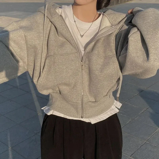 Women’s Hoodie – Cropped Oversized Fit – Cotton Blend – Zip Front – Casual Style