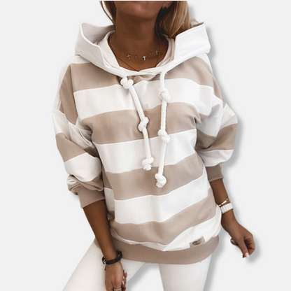 Women’s Hoodie – Oversized Fit – Cotton Blend – Striped – Ribbed Hem – Drawstring Knot
