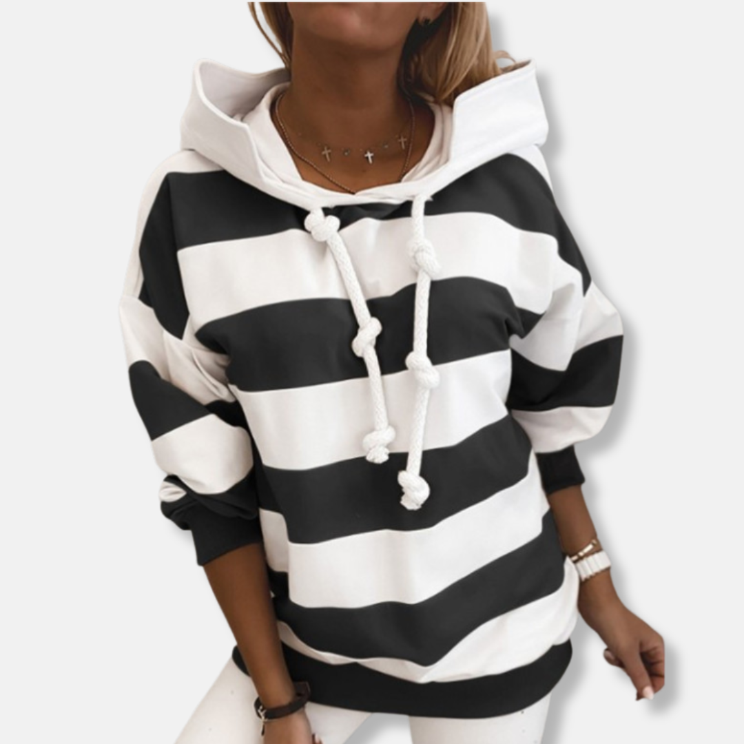 Women’s Hoodie – Oversized Fit – Cotton Blend – Striped – Ribbed Hem – Drawstring Knot