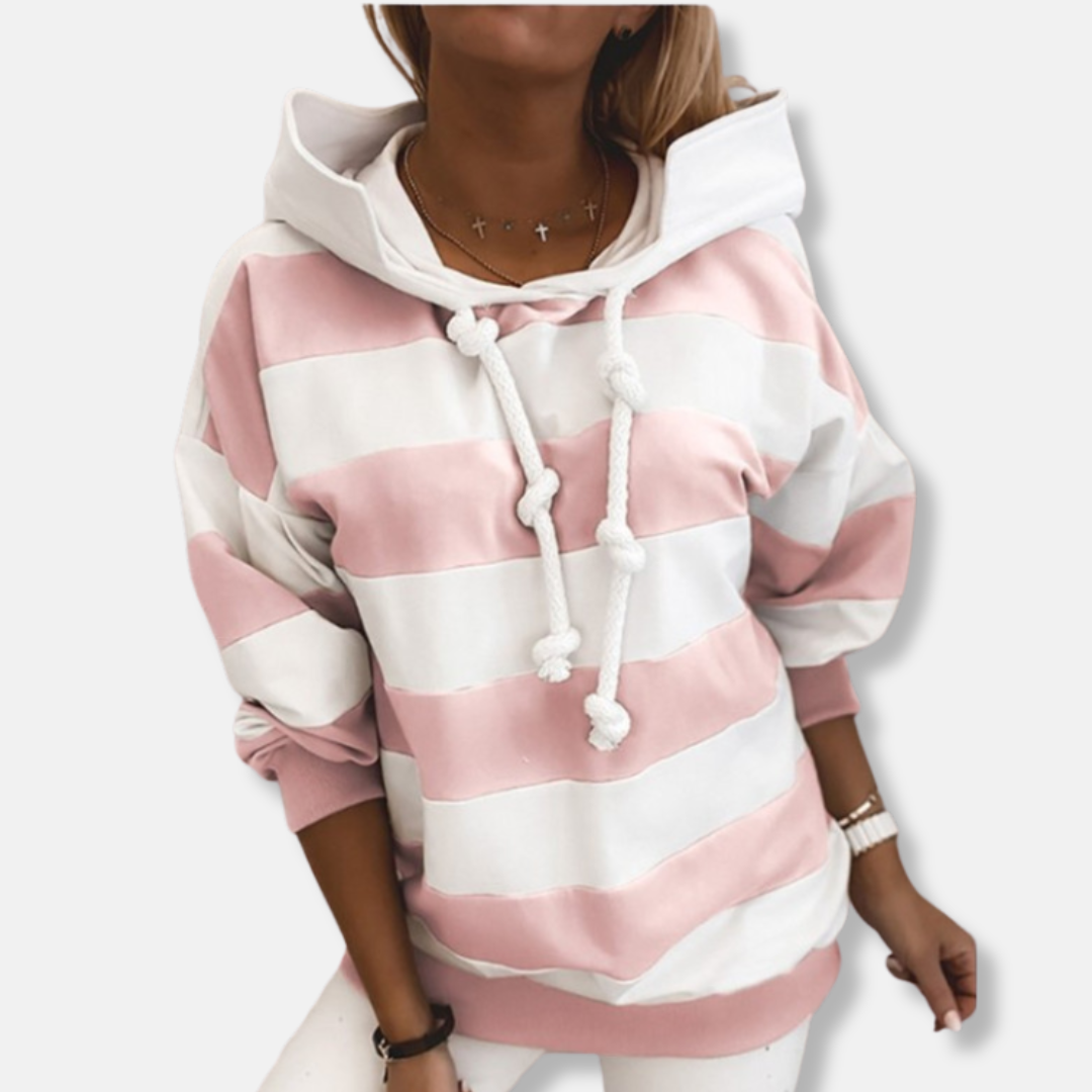 Women’s Hoodie – Oversized Fit – Cotton Blend – Striped – Ribbed Hem – Drawstring Knot