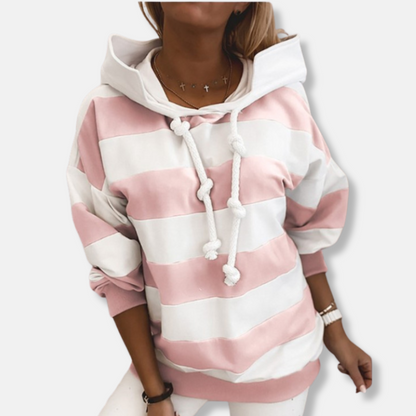 Women’s Hoodie – Oversized Fit – Cotton Blend – Striped – Ribbed Hem – Drawstring Knot