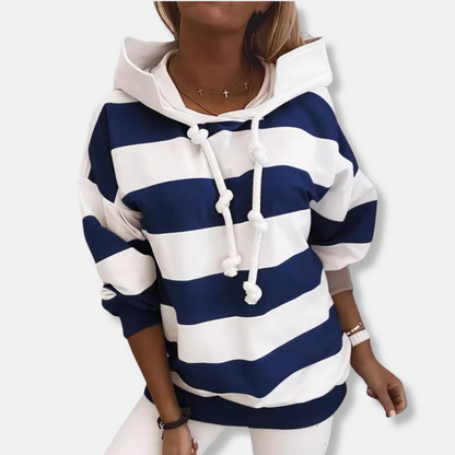 Women’s Hoodie – Oversized Fit – Cotton Blend – Striped – Ribbed Hem – Drawstring Knot