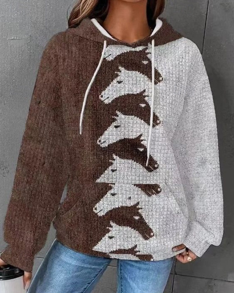 Women’s Hoodie – Oversized Fit – Knit Fabric – Graphic Horse Print – Casual Style
