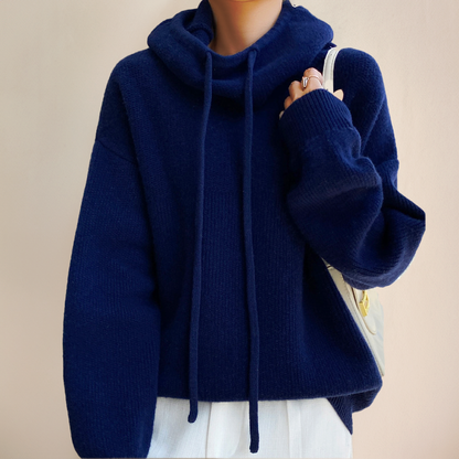 Women’s Hoodie - Oversized Relaxed Fit - Cowl Neck with Drawstring - Ribbed Cuffs and Hem