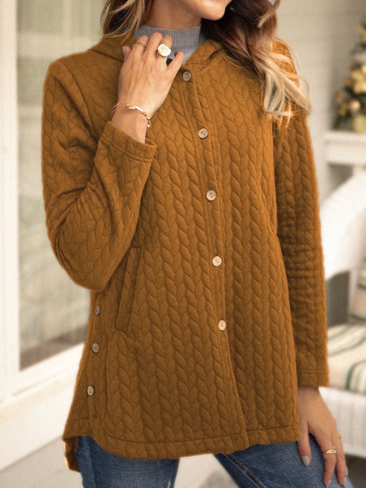 Women’s Hoodie Sweatshirt – Quilted – Relaxed Fit – Button Front – Mid Length Layer