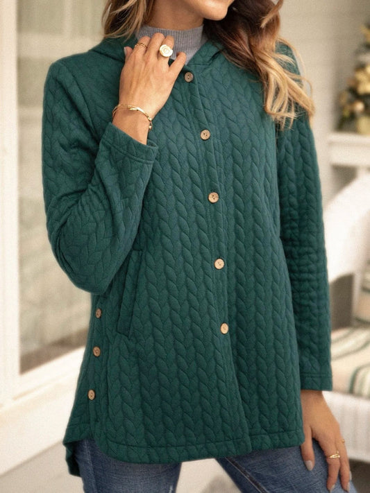 Women’s Hoodie Sweatshirt – Quilted – Relaxed Fit – Button Front – Mid Length Layer
