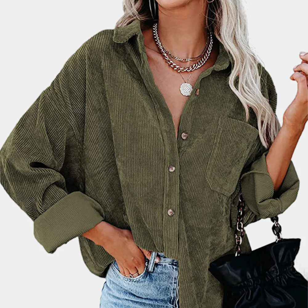 Women’s Jacket – Corduroy Ribbed Fabric – Oversized Fit – Button Front – Hip Length