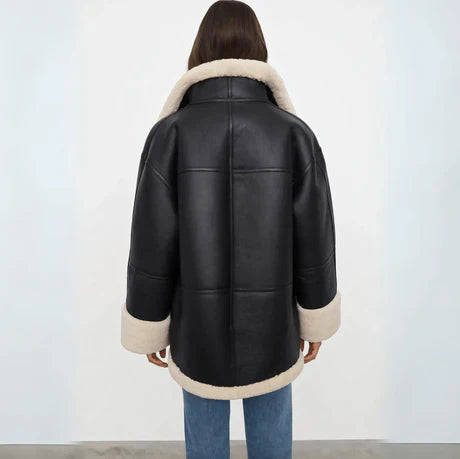 Women’s Jacket – Oversized Relaxed Fit – Faux Leather Look – Plush Lining – Zip Front