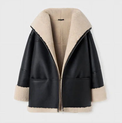 Women’s Jacket – Oversized Relaxed Fit – Faux Leather Look – Plush Lining – Zip Front