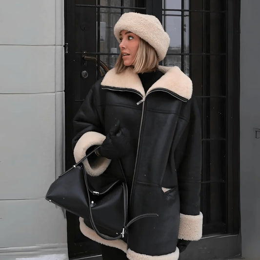 Women’s Jacket – Oversized Relaxed Fit – Faux Leather Look – Plush Lining – Zip Front