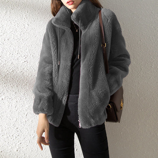 Women’s Jacket – Plush Fleece – Relaxed Fit – Stand-up Collar – Zip Front