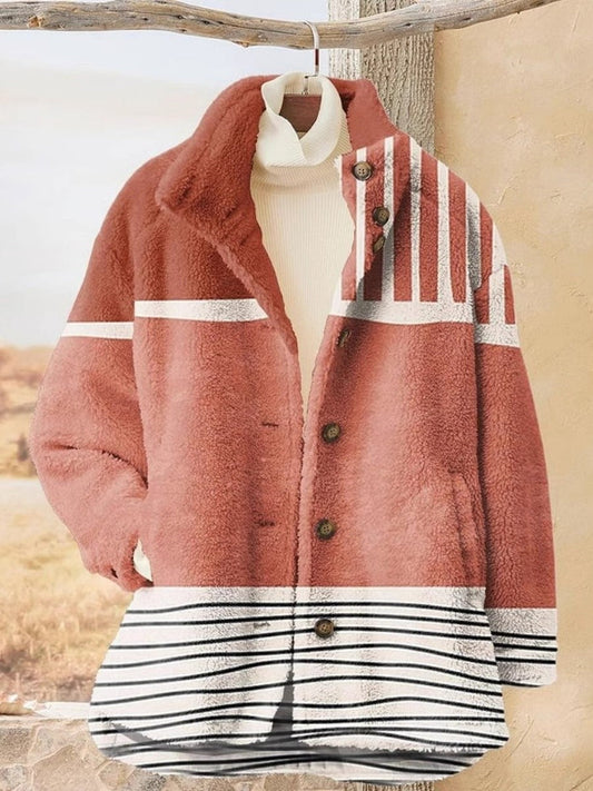 Women’s Jacket – Relaxed Fit – Fleece Look – Button Closure – High Collar – Striped Design