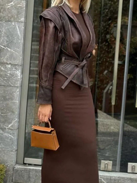 Women’s Jacket – Tailored Fit – Faux Leather Look – Wrap Front – Puff Shoulder – Belted Waist – Lace-Up Detail
