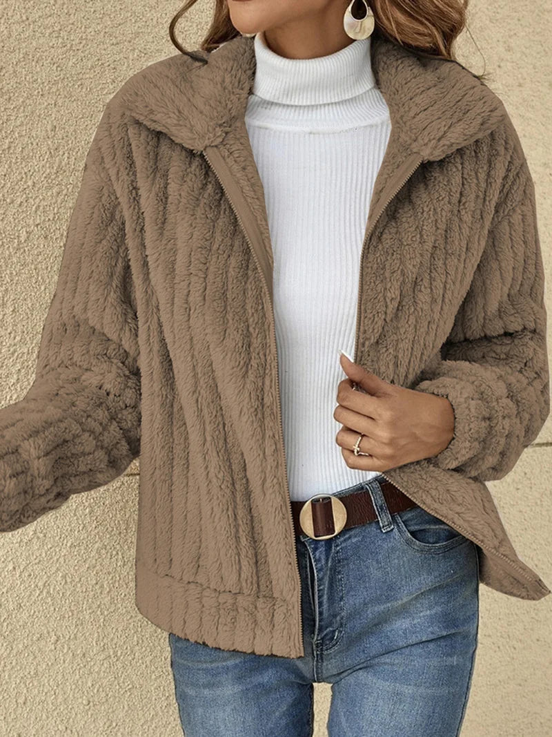 Women’s Jacket - Ultra-Soft Fleece - Ribbed Texture - Relaxed Fit - Cropped Length