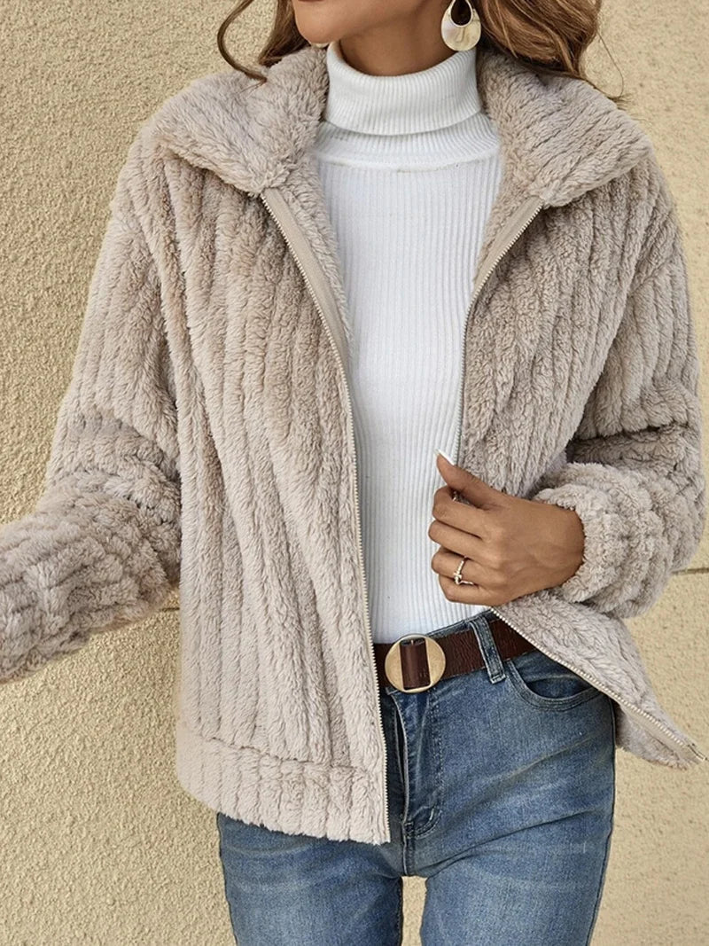 Women’s Jacket - Ultra-Soft Fleece - Ribbed Texture - Relaxed Fit - Cropped Length