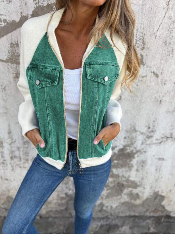 Women’s Jacket – Wool Blend with Denim Panels – Zip Front – Hip Length Casual Fit