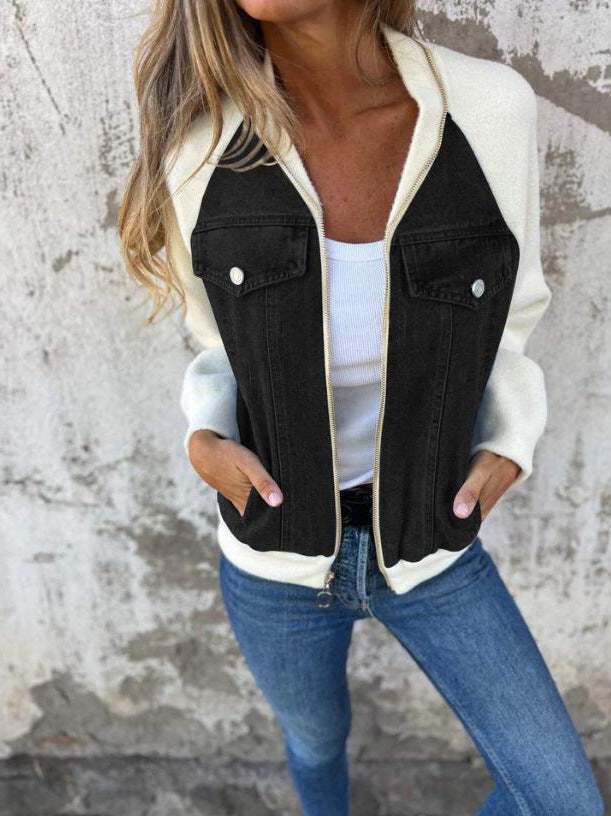 Women’s Jacket – Wool Blend with Denim Panels – Zip Front – Hip Length Casual Fit