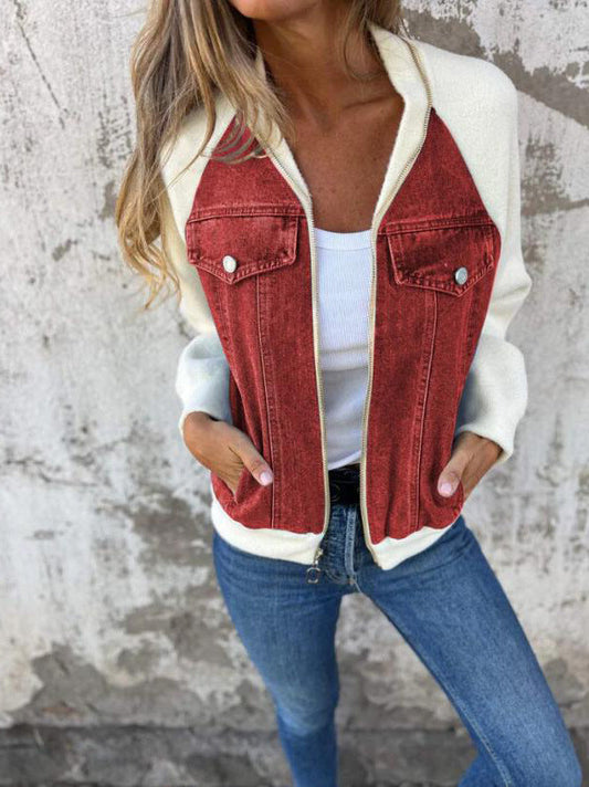 Women’s Jacket – Wool Blend with Denim Panels – Zip Front – Hip Length Casual Fit
