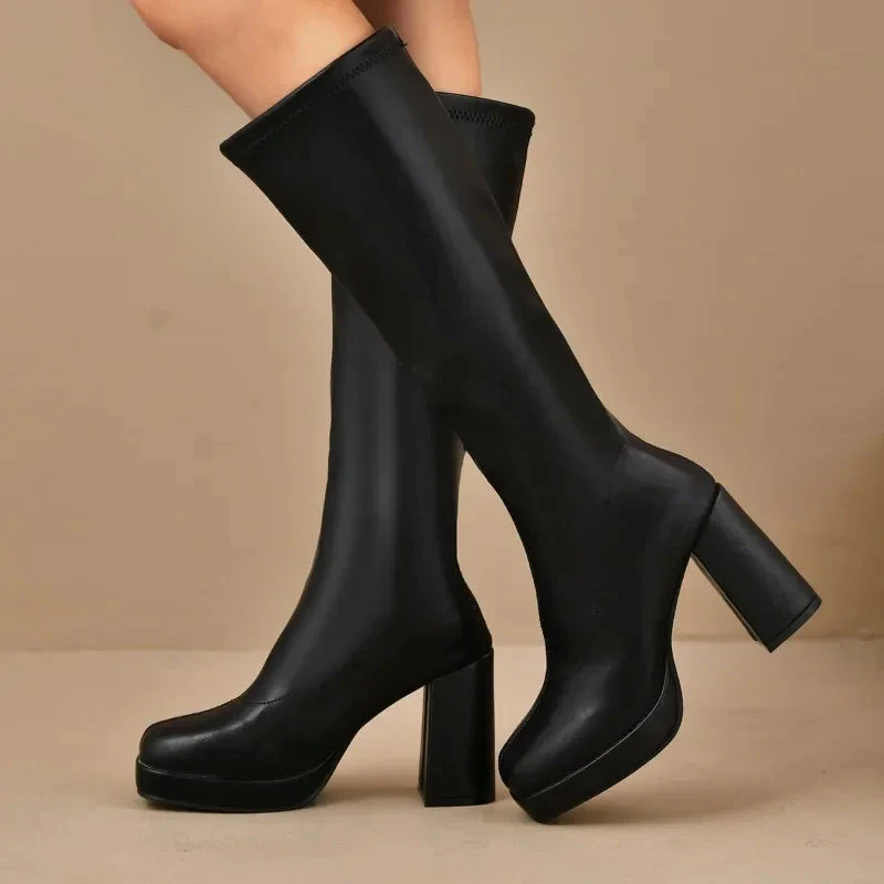 Women’s Knee-High Boots – Stretch Fit – Platform Sole – Block Heel – Squared Toe