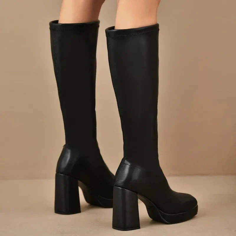 Women’s Knee-High Boots – Stretch Fit – Platform Sole – Block Heel – Squared Toe