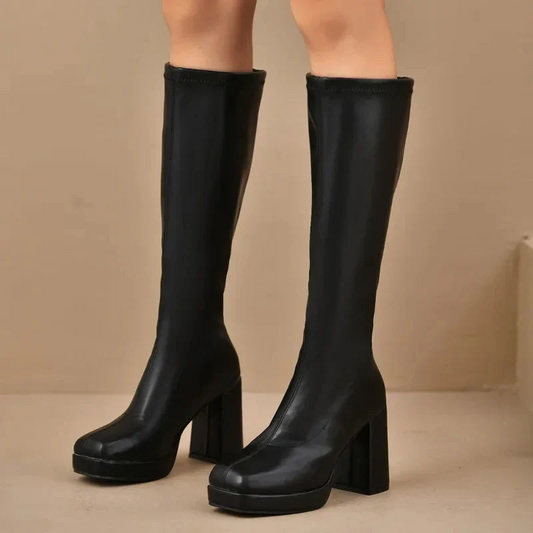 Women’s Knee-High Boots – Stretch Fit – Platform Sole – Block Heel – Squared Toe