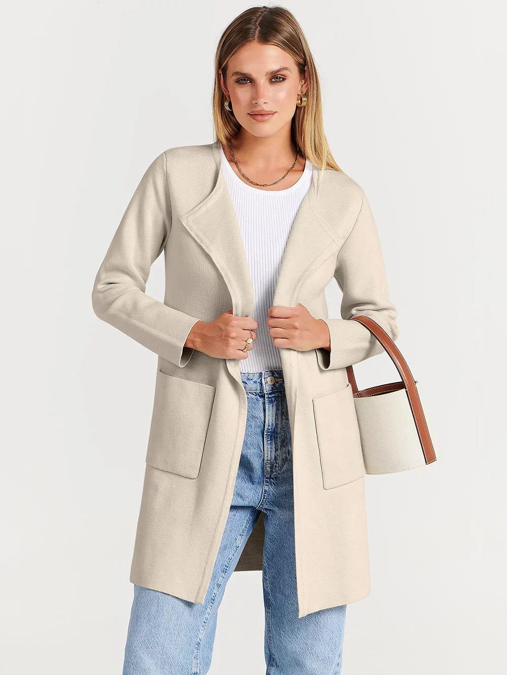 Women’s Knee-Length Coat – Wool Blend – Relaxed Fit – Wide Lapel – Minimalist Style