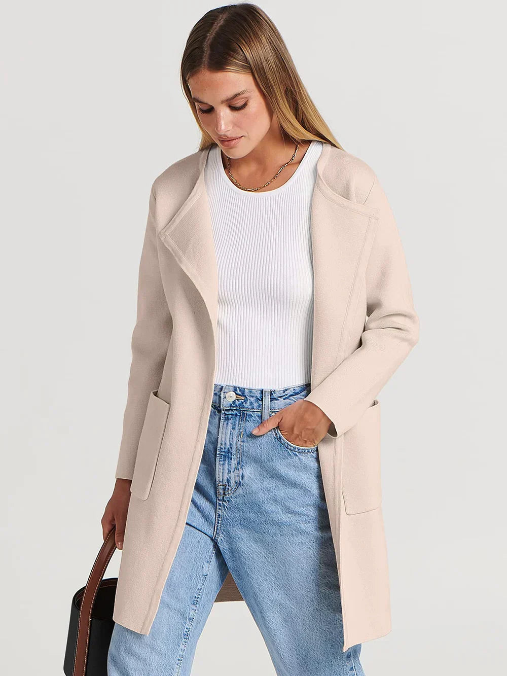 Women’s Knee-Length Coat – Wool Blend – Relaxed Fit – Wide Lapel – Minimalist Style