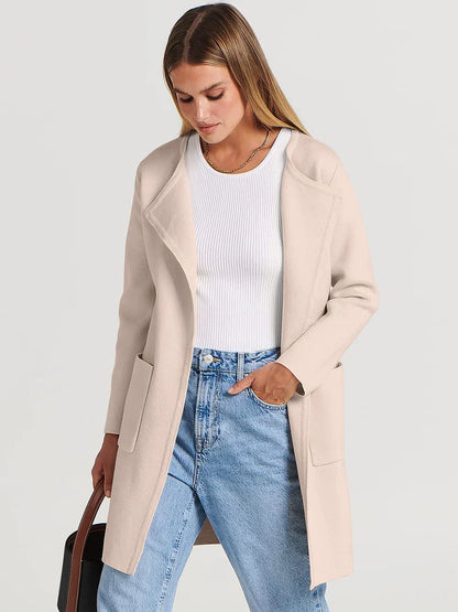 Women’s Knee-Length Coat – Wool Blend – Relaxed Fit – Wide Lapel – Minimalist Style