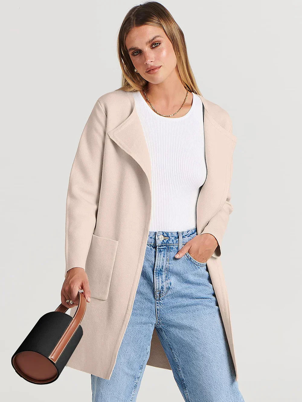 Women’s Knee-Length Coat – Wool Blend – Relaxed Fit – Wide Lapel – Minimalist Style