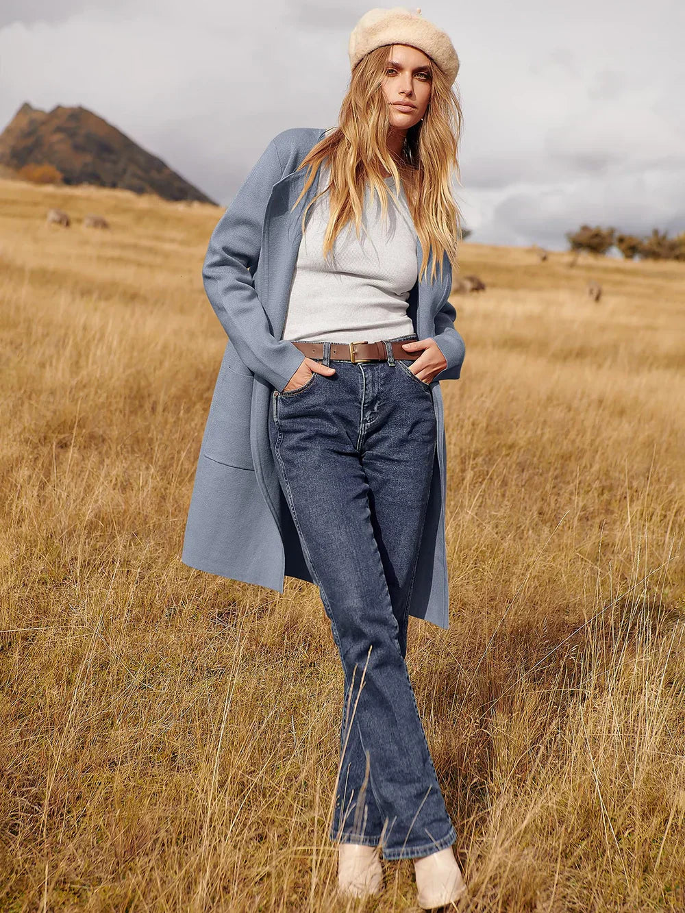 Women’s Knee-Length Coat – Wool Blend – Relaxed Fit – Wide Lapel – Minimalist Style