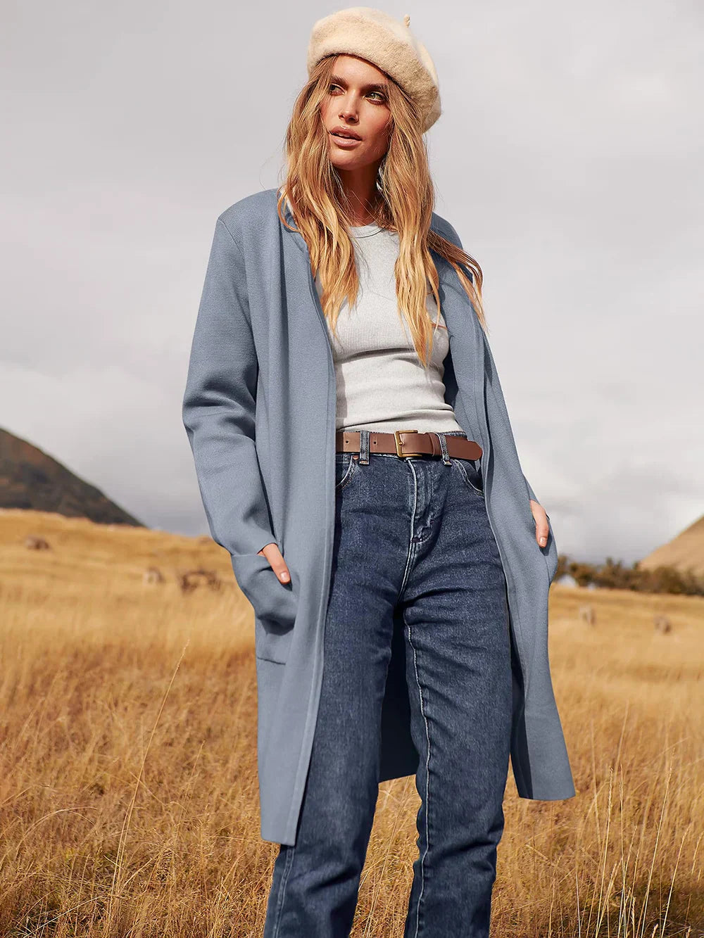 Women’s Knee-Length Coat – Wool Blend – Relaxed Fit – Wide Lapel – Minimalist Style