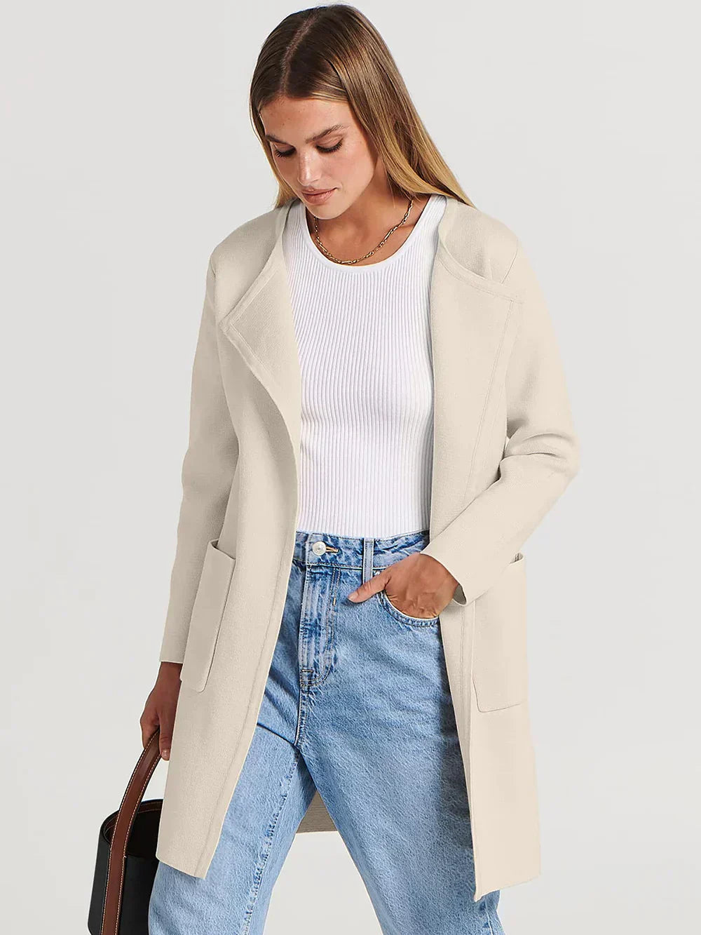 Women’s Knee-Length Coat – Wool Blend – Relaxed Fit – Wide Lapel – Minimalist Style