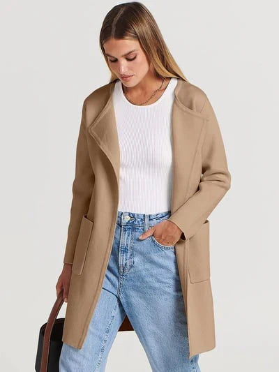 Women’s Knee-Length Coat – Wool Blend – Relaxed Fit – Wide Lapel – Minimalist Style