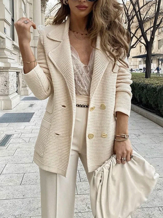 Women’s Knit Blazer– Double-Breasted – Ribbed Texture – Tailored Fit – Flap Pockets