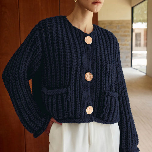 Women’s Knit Cardigan – Chunky Cable Knit – Cropped Fit – Round Neck – Button Front