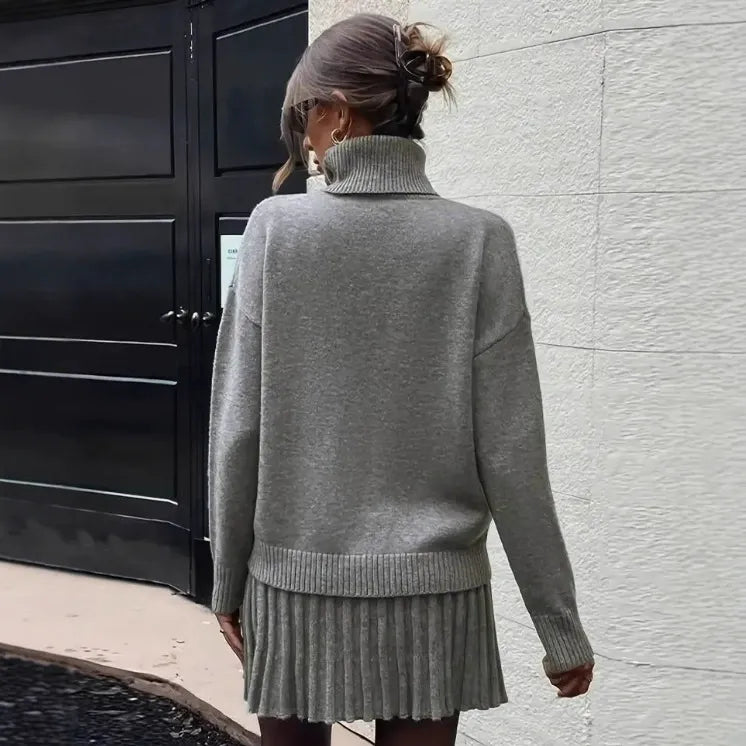 Women’s Knit Co-Ord Set – Ribbed Turtleneck Sweater – Pleated A-Line Mini Skirt