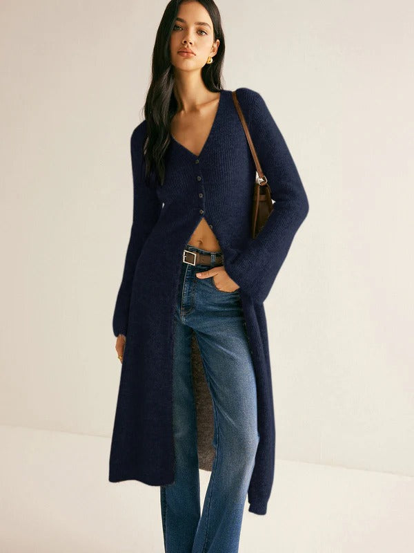Women’s Knit Dress – Slim Fit – Wool Blend – V-Neck – Button Front – Midi – Long Sleeve