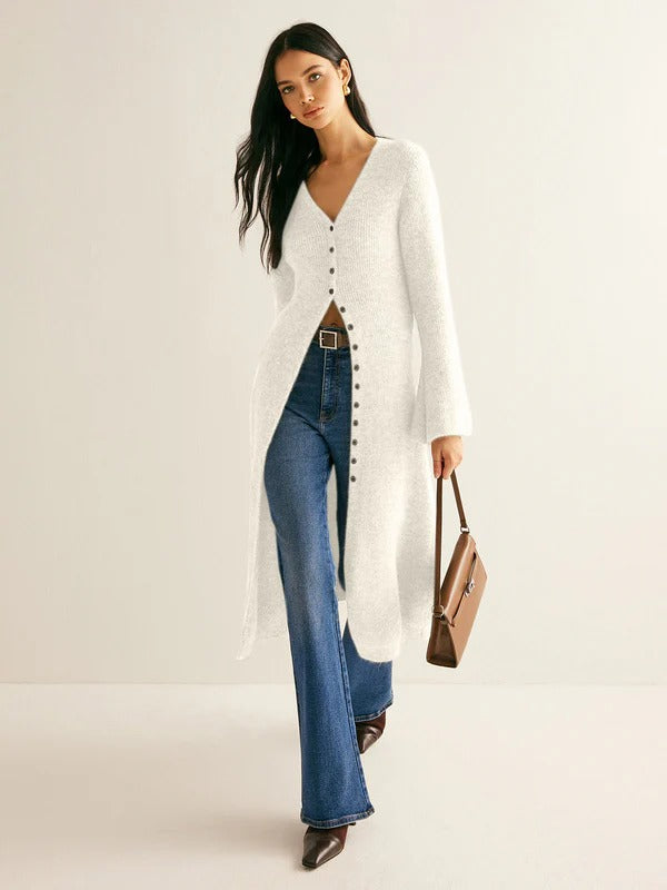 Women’s Knit Dress – Slim Fit – Wool Blend – V-Neck – Button Front – Midi – Long Sleeve