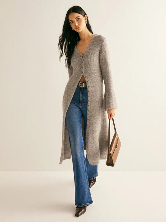 Women’s Knit Dress – Slim Fit – Wool Blend – V-Neck – Button Front – Midi – Long Sleeve
