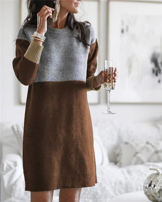Women’s Knit Dress – Wool Blend – Relaxed Fit – Long Sleeve – Ribbed Color Block